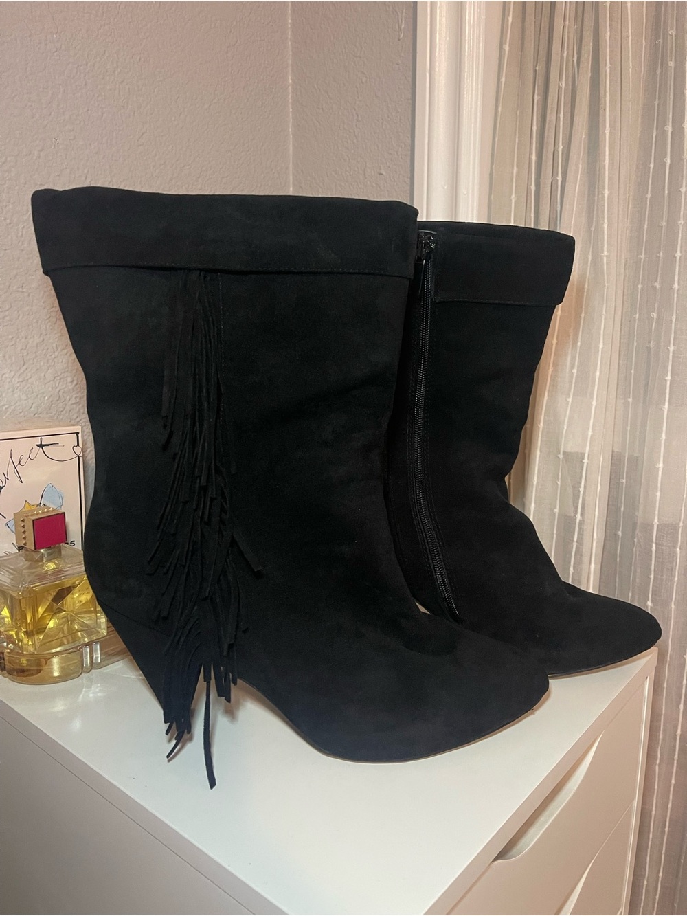 Black Suede Fringe Mid-Calf Wedge Boots